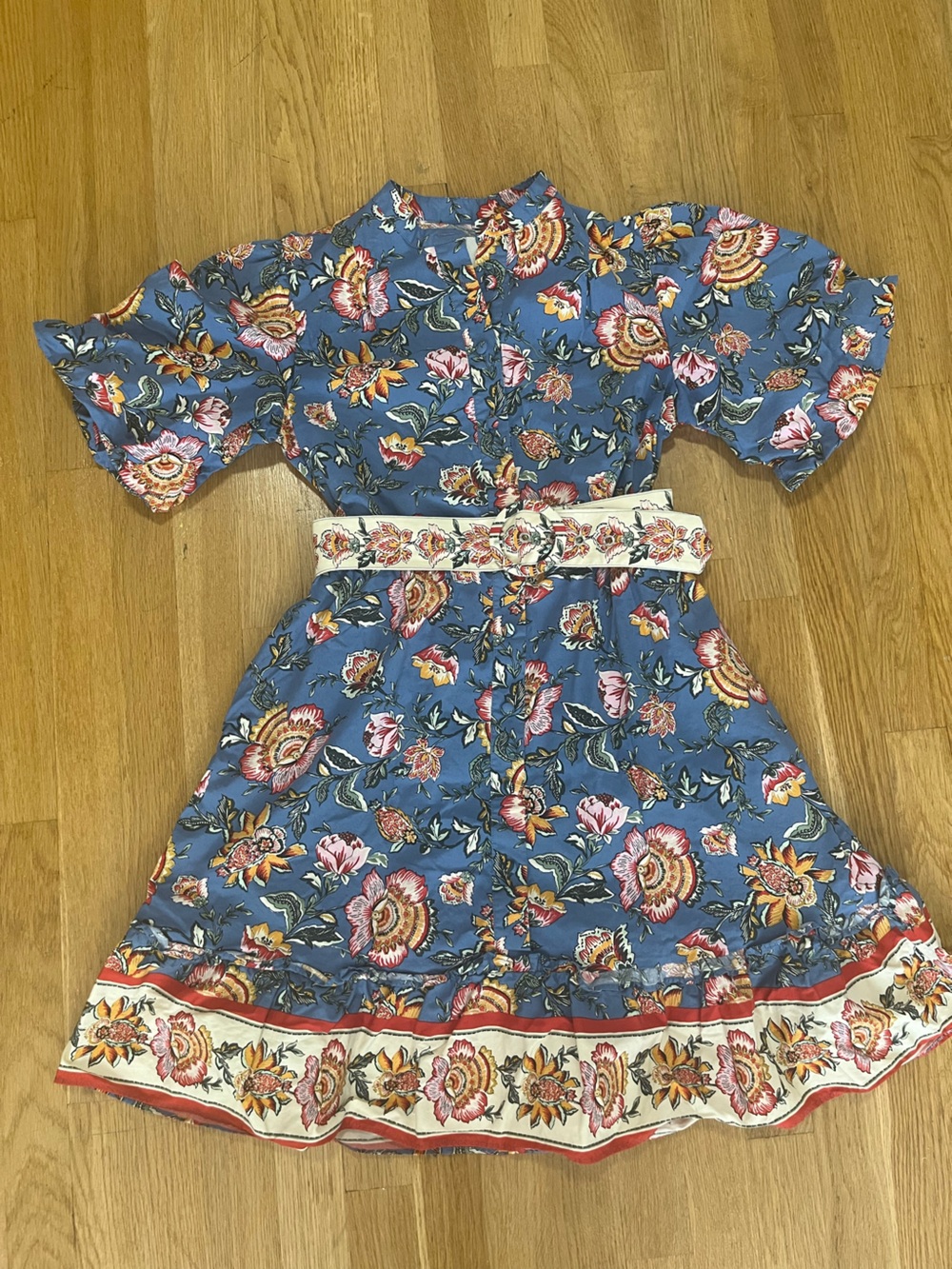 Joie Dress Puff Sleeves Belted Ruffle Hem Floral Blue Size 4